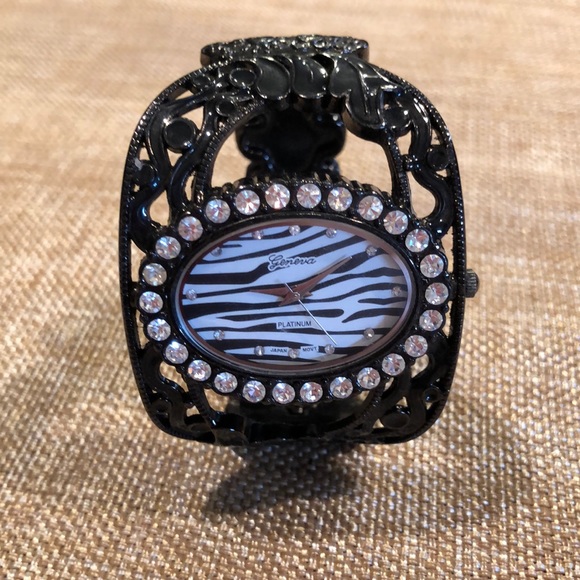 Geneva Jewelry - Geneva zebra and rhinestone black cuff watch